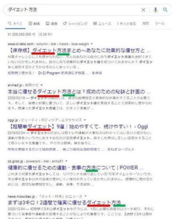 「ダイエット+方法」で検索した際の1位~5位のサイト